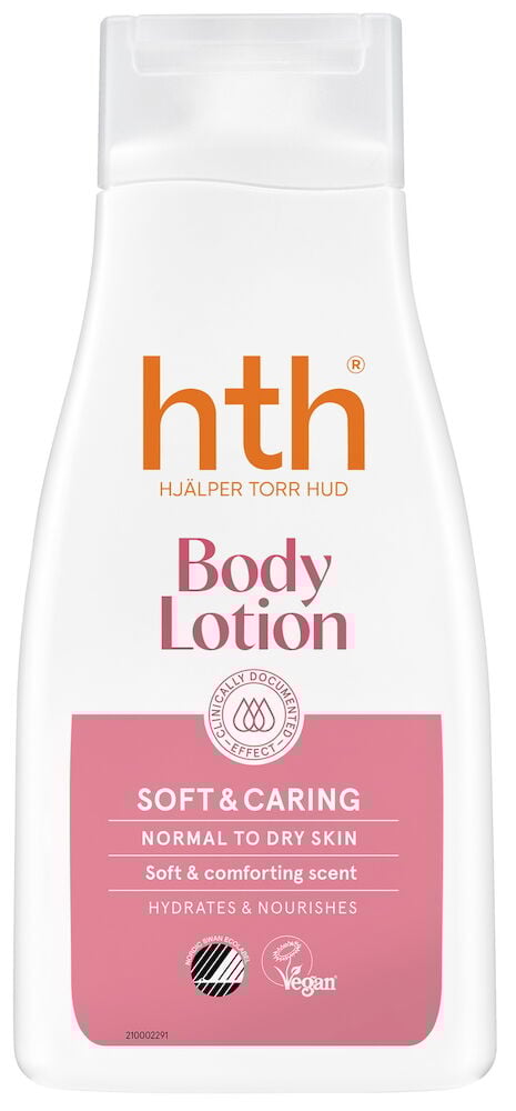 Hvit plastflaske HTH bodylotion for normal til tørr hud.