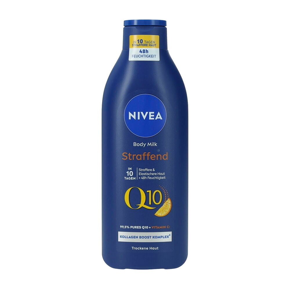 Blaue Nivea 400 ml straffende Body Milk Q10 mit Vitamin C für trockene Haut.