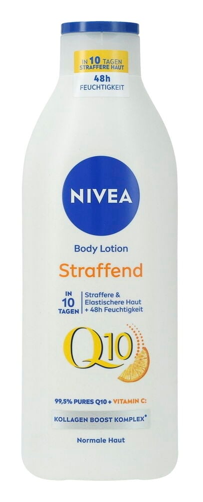 Körperlotion Nivea 400 ml Q10, eine weiße Flasche mit blauem Deckel, Vorderansicht.