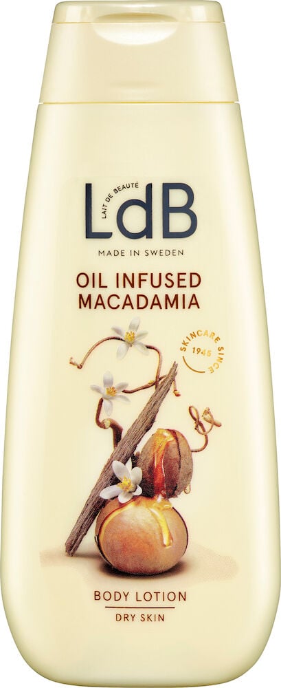 Beige flaske LdB bodylotion olje og macadamianøtt.