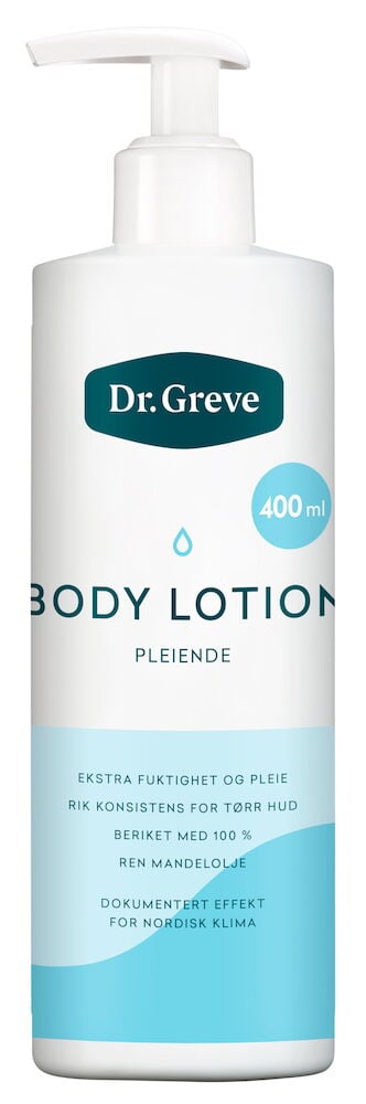 Hvit pumpeflaske med blå tekst og Dr Greve-logo.