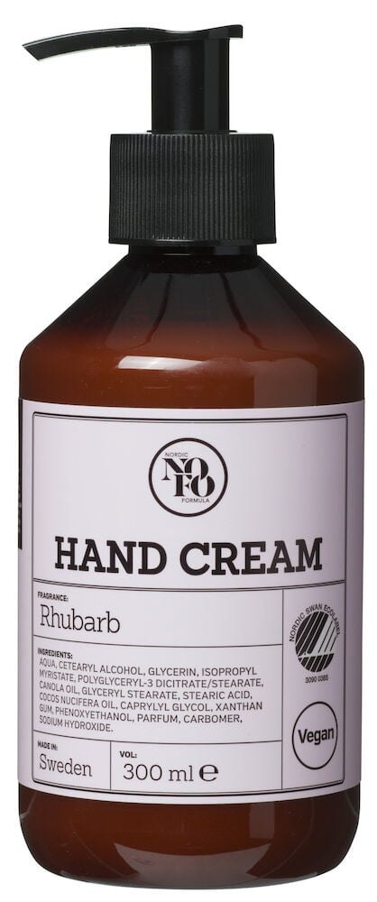 Brun pumpflaska handkräm med rosa etikett.