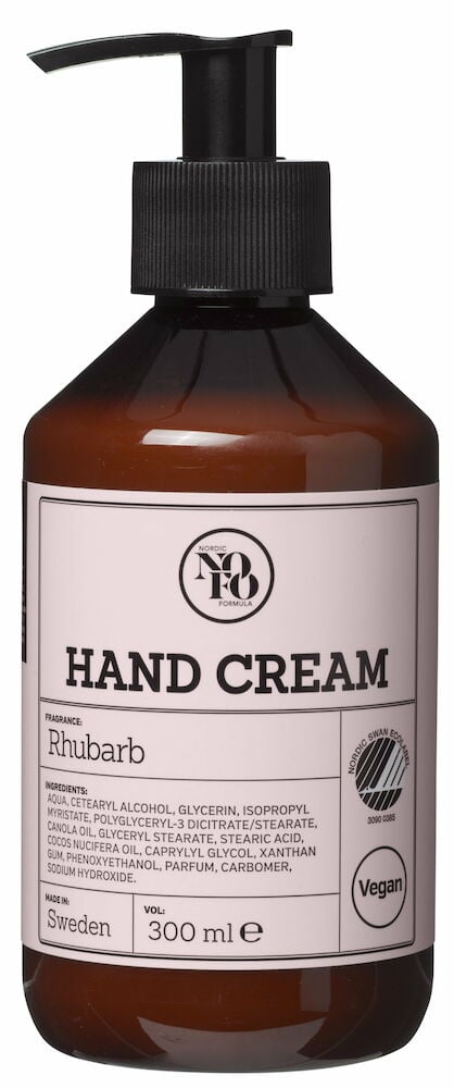 Brun plastflaska med pump och rosa etikett.