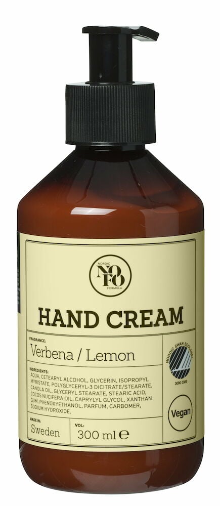 Brun pumpflaska handkräm med gul etikett.