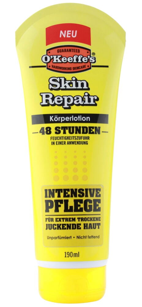Gelbe O’Keeffe’s 190 ml Skin Repair Körperlotion Tube, Vorderansicht.