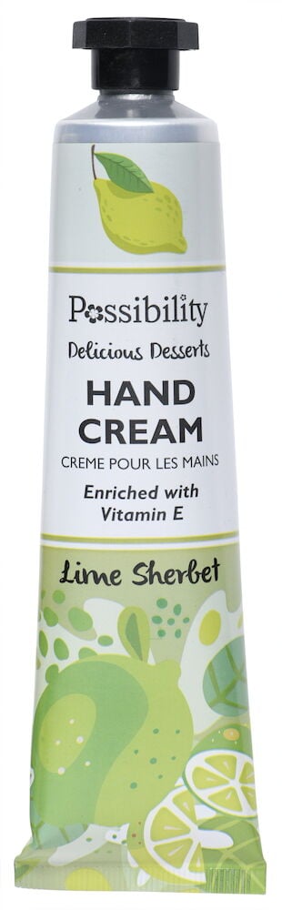 Tub med handkräm med limeillustration och grön text.