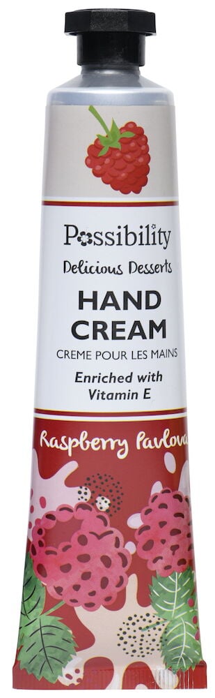 En tub handkräm med hallonmotiv och text.