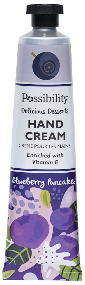 Lila tub handkräm med blåbärsmotiv och svart lock.