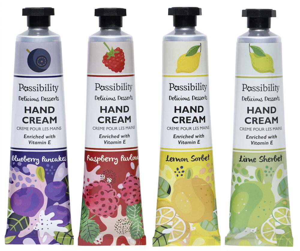 Fyra tuber handkräm med olika fruktsmaker.