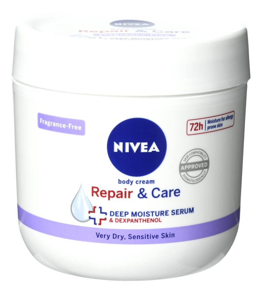 Vit burk Nivea hudkräm Repair and Care.