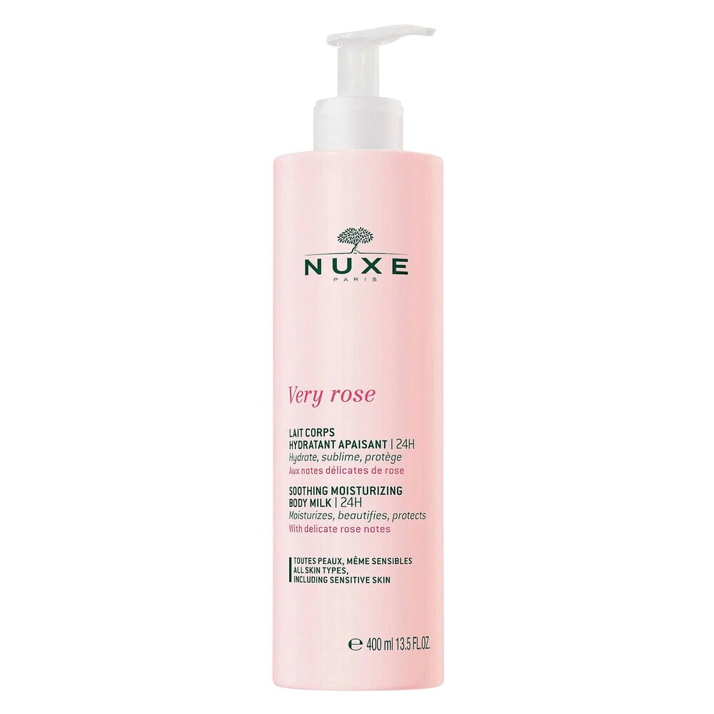 Rosa Nuxe Very Rose Body Milk in einer 400 ml Flasche mit weißem Pumpspender.