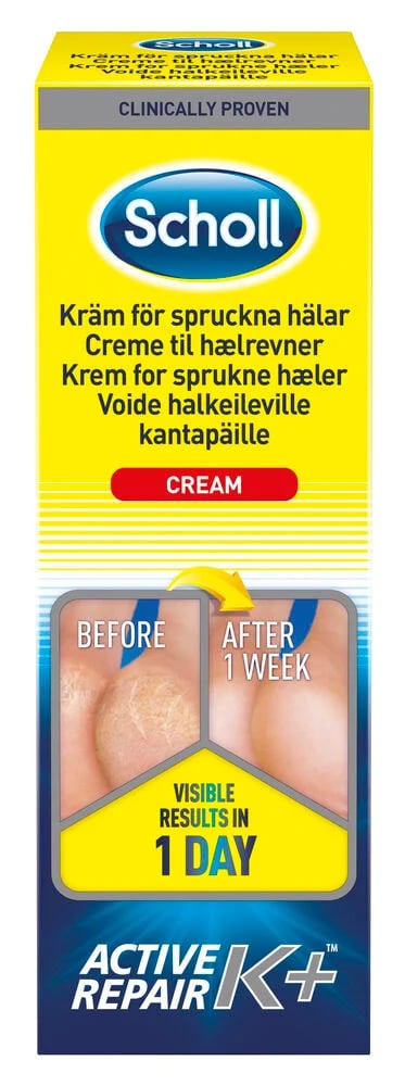 Gul och blå förpackning av Scholl 60 ml Active Repair K+ Fotkräm, med före/efter hälbilder.