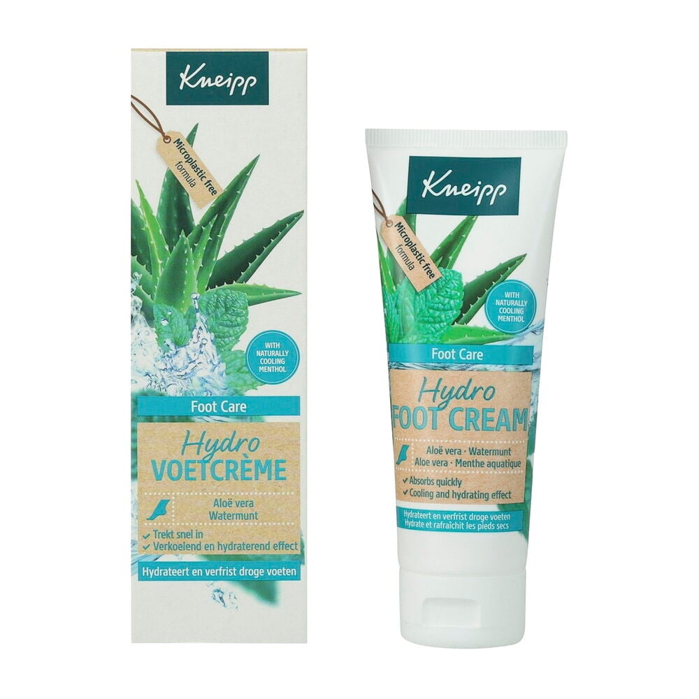 Eine weiße Kneipp Hydro Fußcremetube, Aloe Vera und Minzdesign, neben der Verpackung.