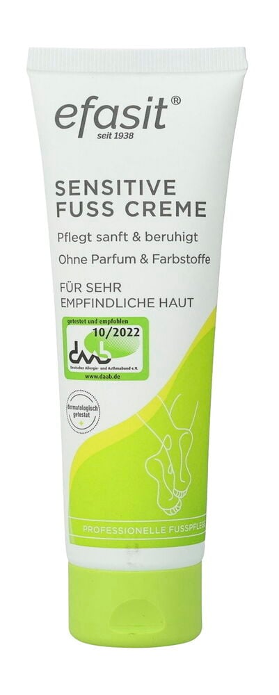 Weiße Efasit Sensitive Fußcreme Tube mit grünem Deckel und grün-gelbem Etikett, Vorderansicht.