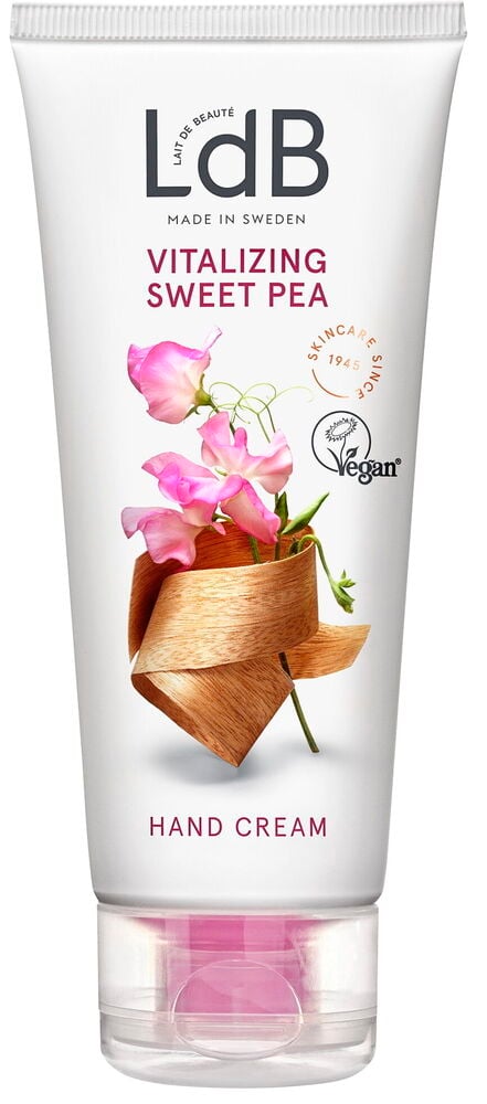 Hvit Håndkrem LdB 100 ml Vitalizing tube med rosa erteblomster og gjennomsiktig kork.