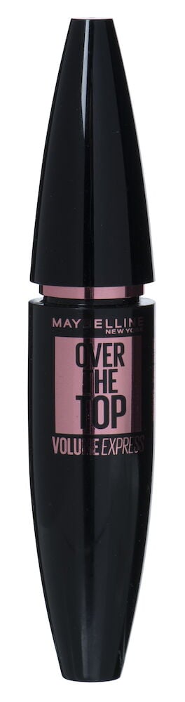 Schwarze Maybelline Wimperntusche mit rosa Etikett stehend.