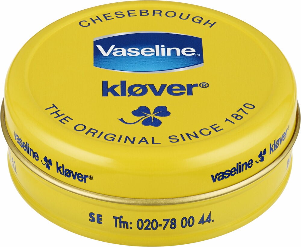 Gul, rund Läppbalsam Vaseline 40 g Klöver burk med blå text och klöverlogo.