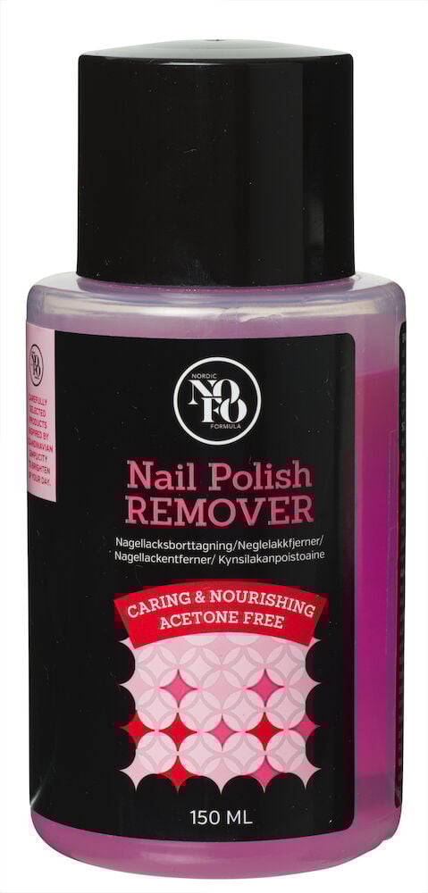 Rosa flaska med svart lock och etikett.