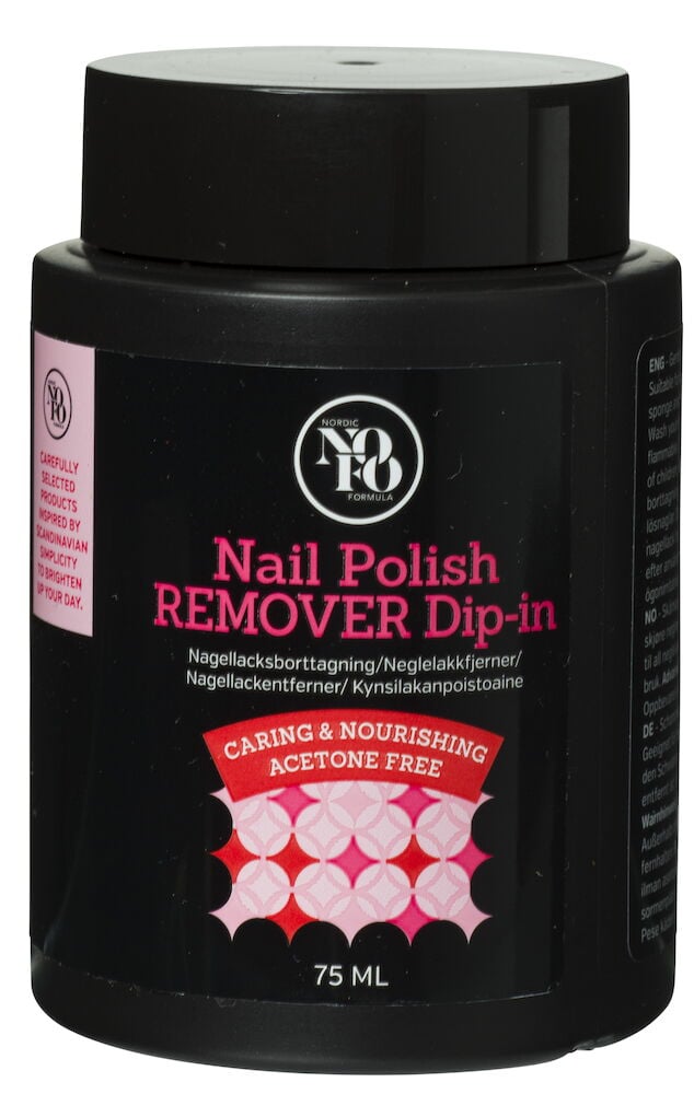 Svart burk med rosa text för nagellacksborttagning.