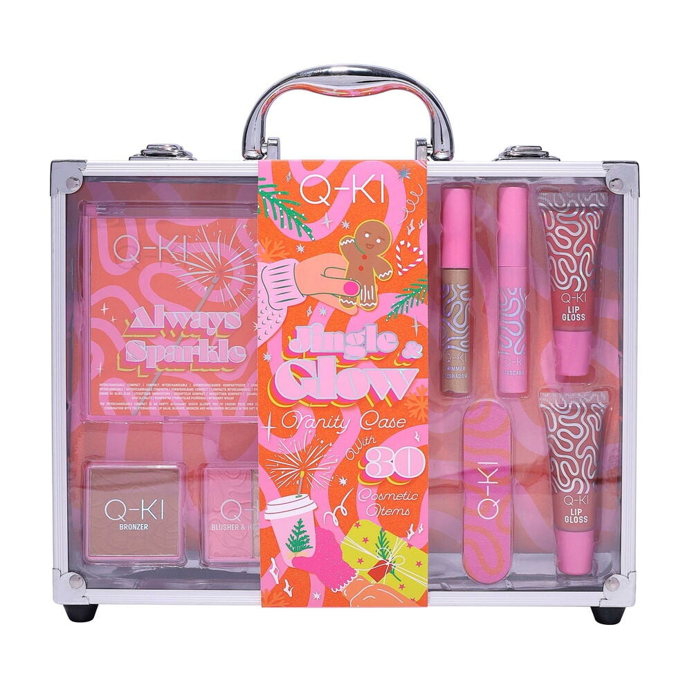 Sminkeboks Q-KI Jingle & Glow, gjennomsiktig med sølvkant, inneholder 80 rosa og oransje kosmetikkprodukter.