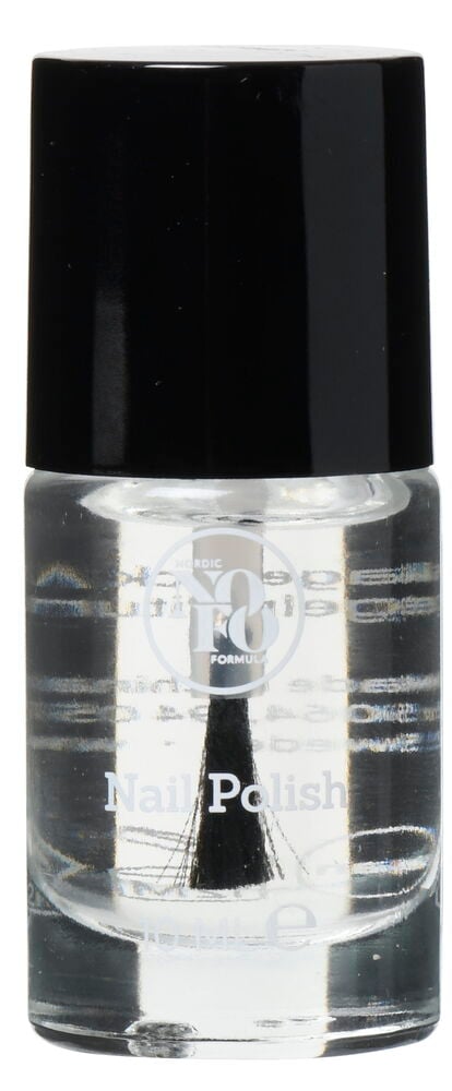 Läpinäkyvä kynsilakkapullo mustalla korkilla.