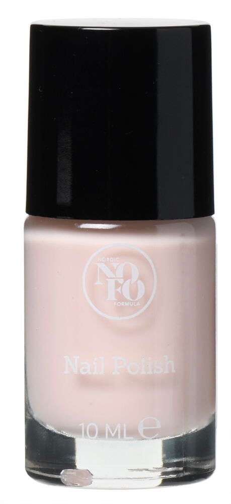 Vaaleanpunainen kynsilakkapullo mustalla korkilla.