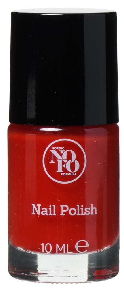 Punainen kynsilakkapullo mustalla korkilla, 10 ml.