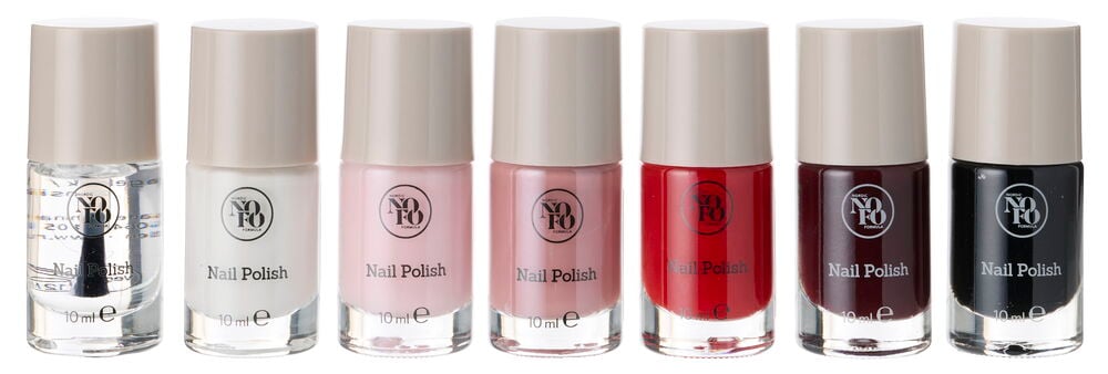 Sieben NoFo 10 ml Nagellacke: klar, weiß, zwei rosa, zwei rote und schwarz.