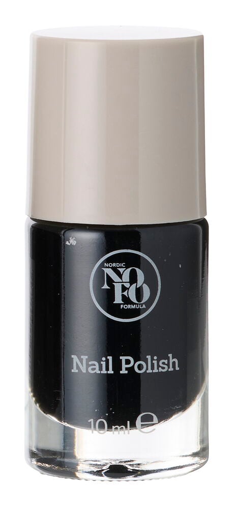 Schwarze Nagellack NoFo 10 ml Flasche mit einer beigen Kappe.