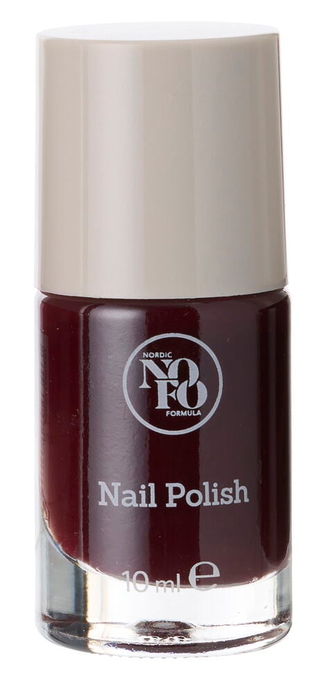 Dunkelroter Nagellack NoFo 10 ml Flasche mit einem hellbeigen Deckel.