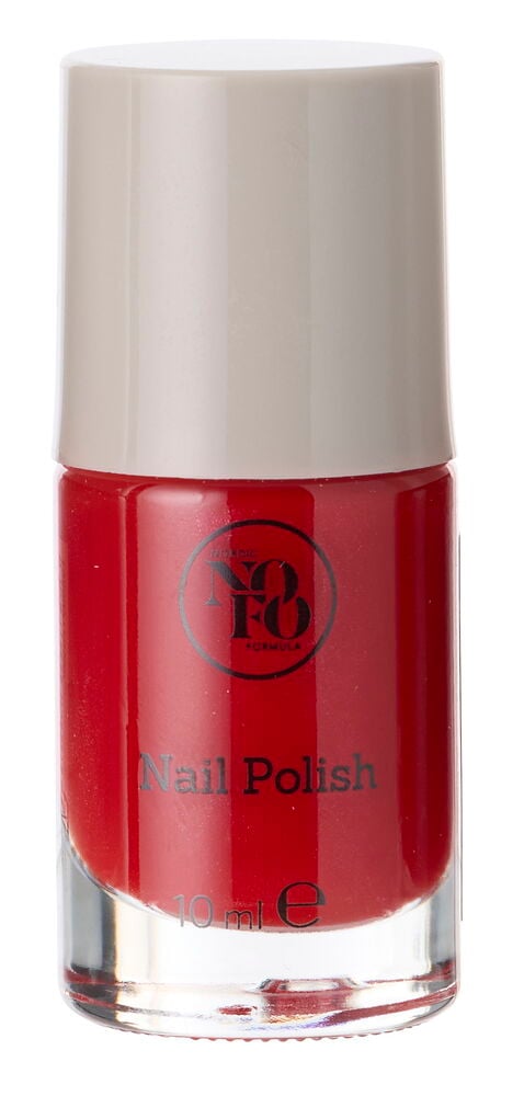 Roter Nagellack NoFo 10 ml Flasche mit einer hellbeigen Kappe.