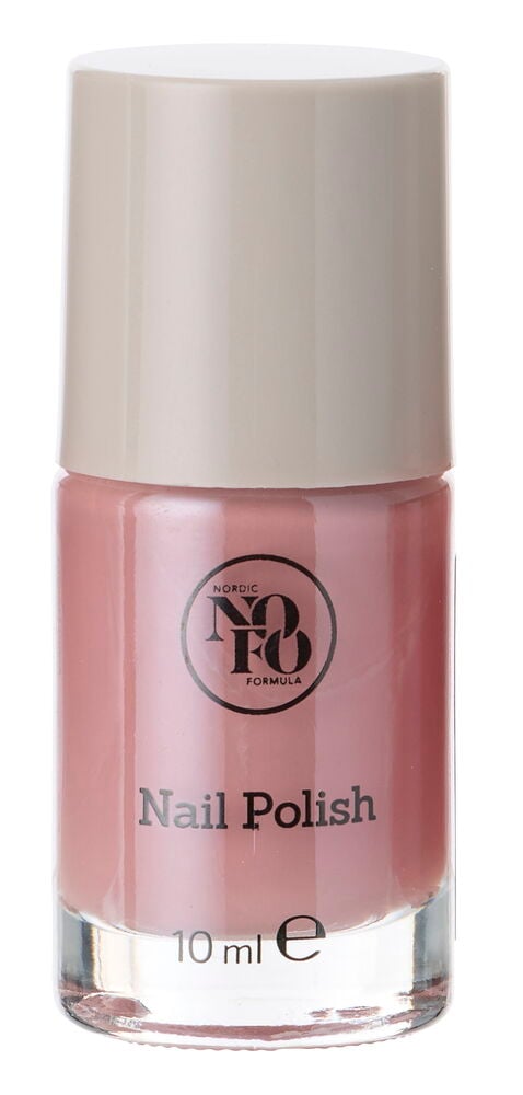 Nagellack NoFo 10 ml, hellrosa in einer klaren Glasflasche mit beiger Kappe.