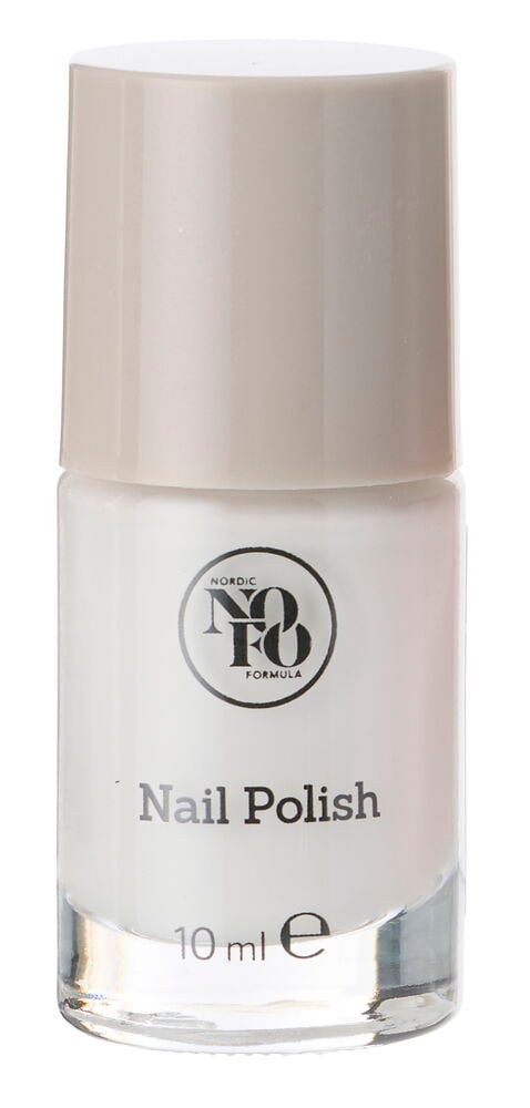 Weiße Nagellackflasche mit hellbeiger Kappe, beschriftet NoFo 10 ml.