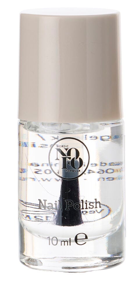 Eine klare Flasche Nagellack NoFo 10 ml mit hellbeiger Kappe und schwarzem Pinsel darin, Vorderansicht.
