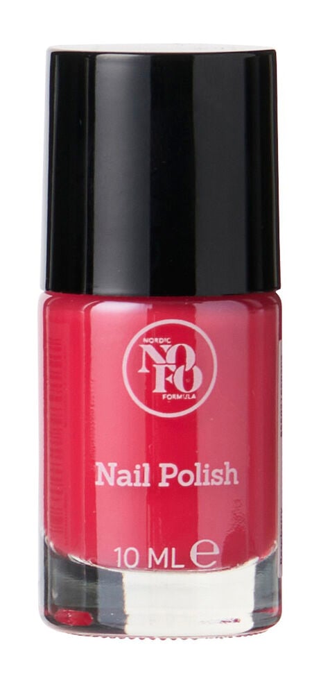 Eine rote Nagellack NoFo 10 ml Trend Flasche mit schwarzer Kappe.