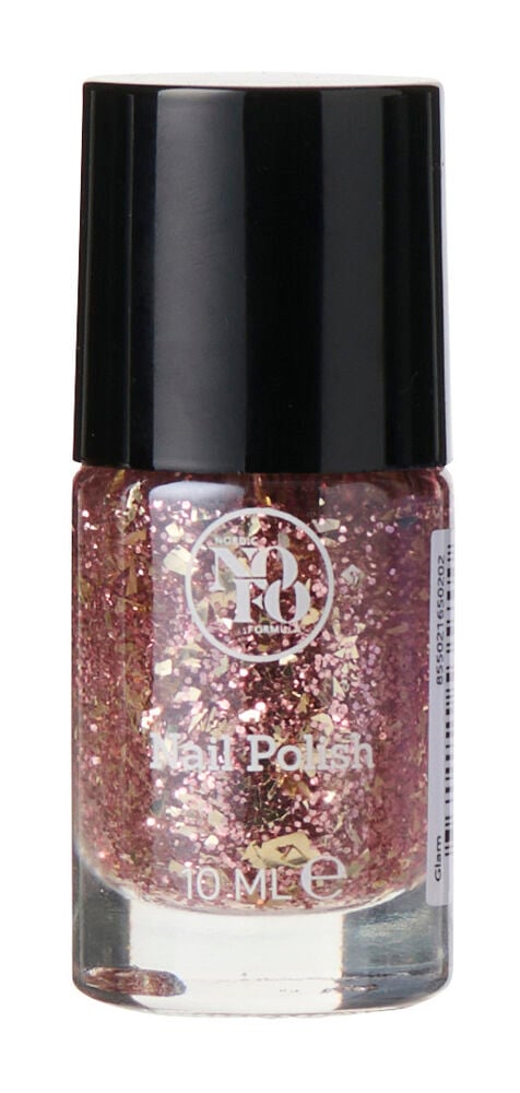 Eine klare Flasche NoFo 10 ml Nagellack in Pink-Glitter mit Goldflocken und schwarzer Kappe.