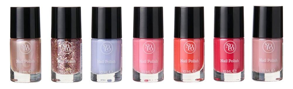 Sieben NoFo 10 ml Trend Nagellacke in Nude-, Glitzer-, Lila-, Rosa-, Korallen-, Rot- und Mauve-Tönen.