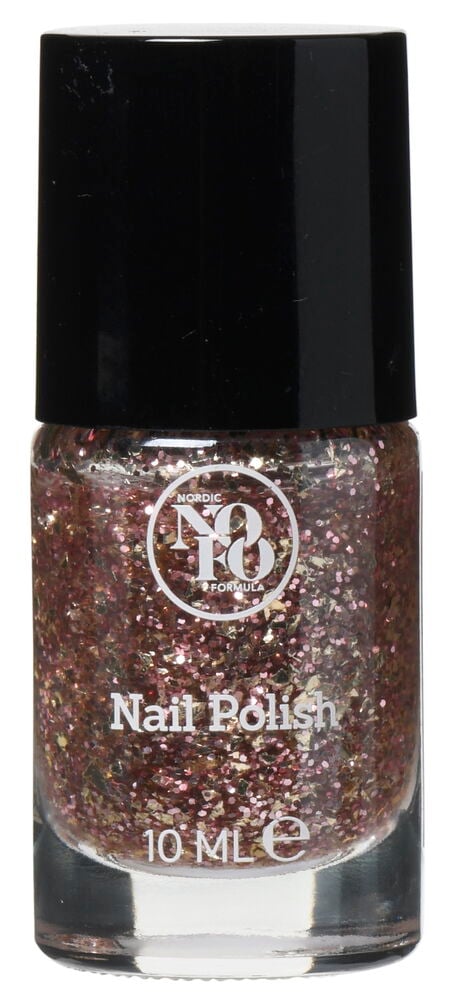 Glittrigt nagellack i klar glasflaska med svart lock.