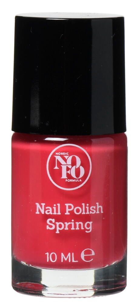 Rosa nagellack i glasflaska med svart lock.