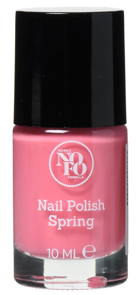 Rosa nagellacksflaska med svart lock.