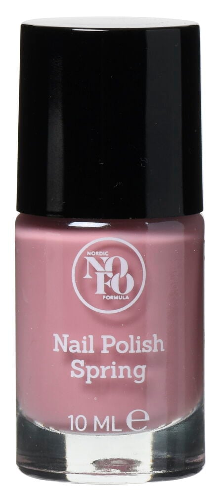 Rosa nagellackflaska med svart lock och vit text.
