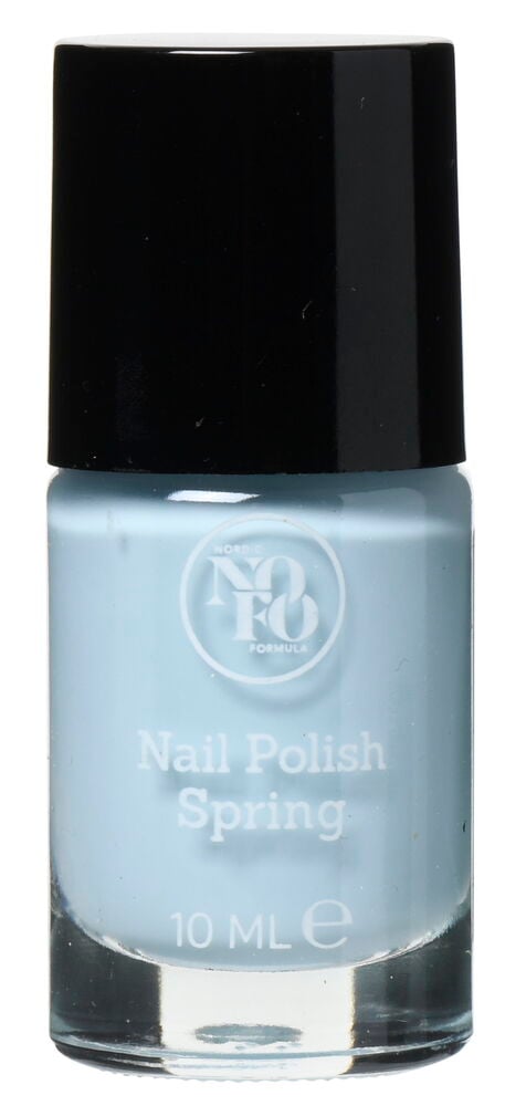 Ljusblått nagellack i glasflaska med svart lock.