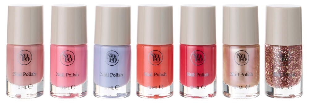 Sieben NoFo 10 ml Trend Nagellackflaschen in Hellrosa, Rosa, Lavendel, Koralle, Fuchsia, Perlmuttnude und Glitzer.