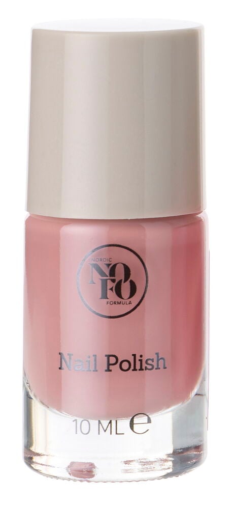 Nagellack NoFo 10 ml Trend, eine rosa Flasche mit hellbeigem Verschluss, Vorderansicht.