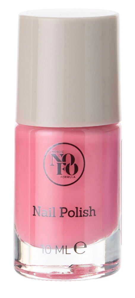 Eine rosa Nagellack NoFo 10 ml Flasche mit klarem Glasboden und hellbeiger Kappe.