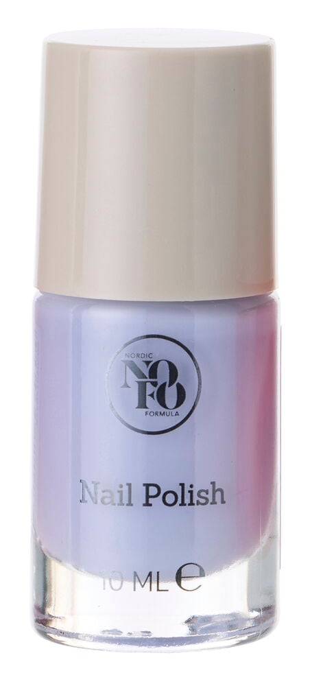 Eine klare Flasche helllila Nagellack NoFo 10 ml Trend mit beigem Verschluss ist abgebildet.