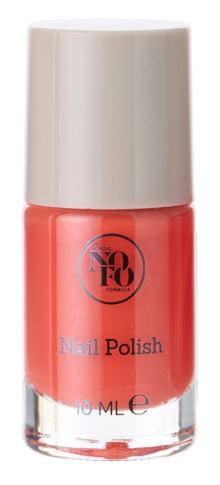 Korallfarbene Nagellack NoFo 10 ml Trend Flasche mit hellbeigem Verschluss.