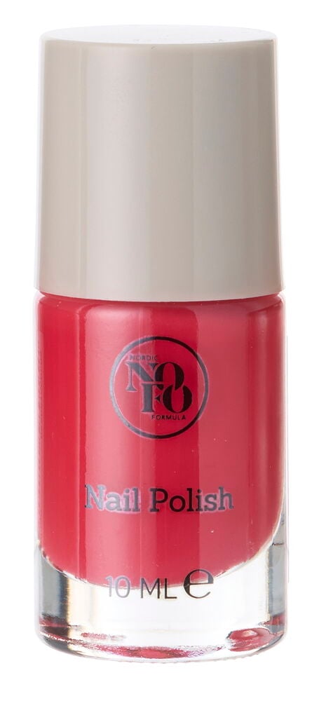 Eine zylindrische Glasflasche knallroten Nagellack NoFo 10 ml Trend mit beiger Kappe.
