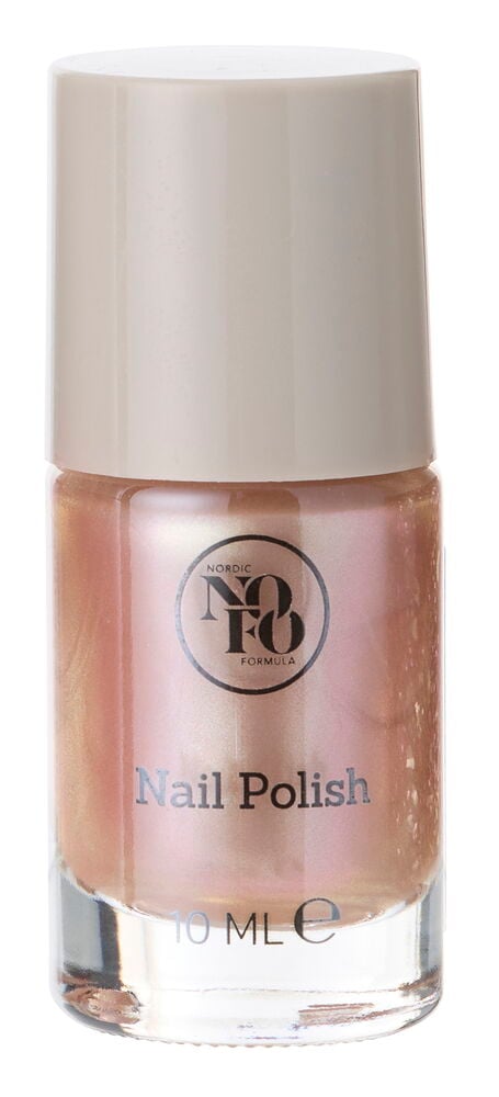 Nagellack NoFo 10 ml Trend in einer schimmernden Rosa-Gold-Nuance mit einer hellbeigen Kappe.