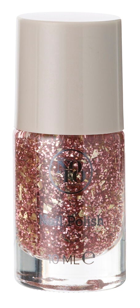 Eine klare Flasche Nagellack NoFo 10 ml Trend mit rosa und goldenem Glitzer und einer hellbeigen Kappe.